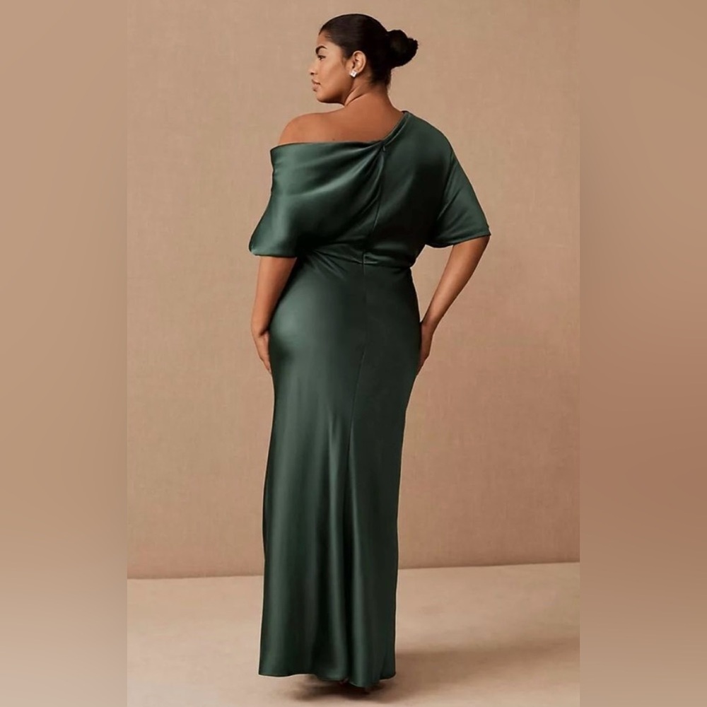 Anthropologie Deep Emerald One-Shoulder Satin Gown - Picture 3 of 7